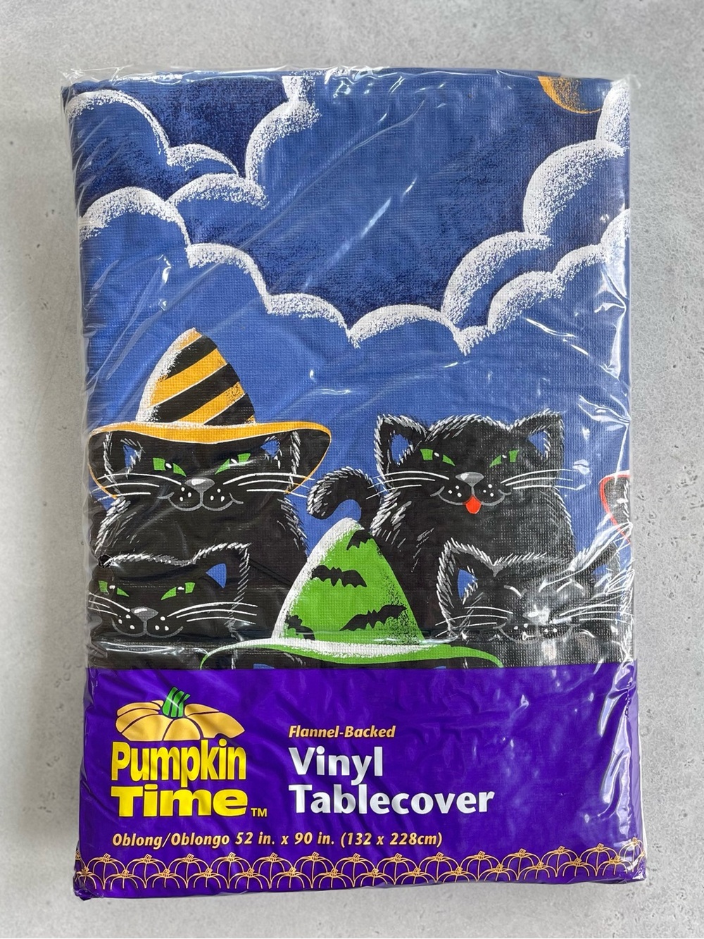 Vintage Halloween Vinyl Tablecloth Witchy Black Cats Pumpkin Time 90s 52”x90